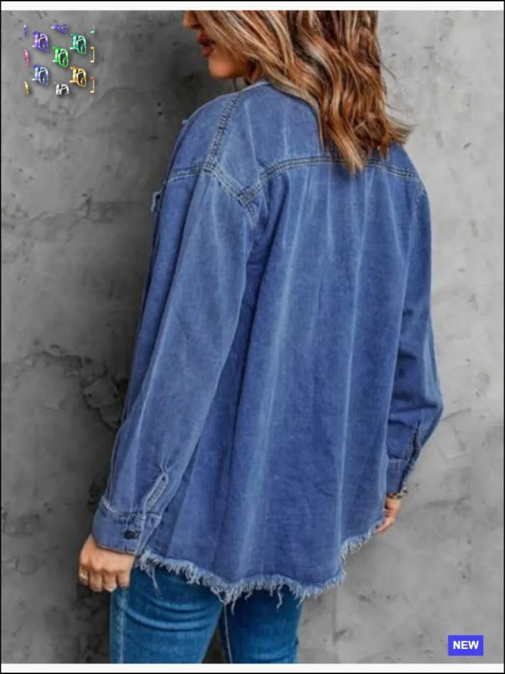Oversized Button Up Frayed Hem Denim Jean Jacket Shacket Long Sleeve Pockets - Picture 4 of 7